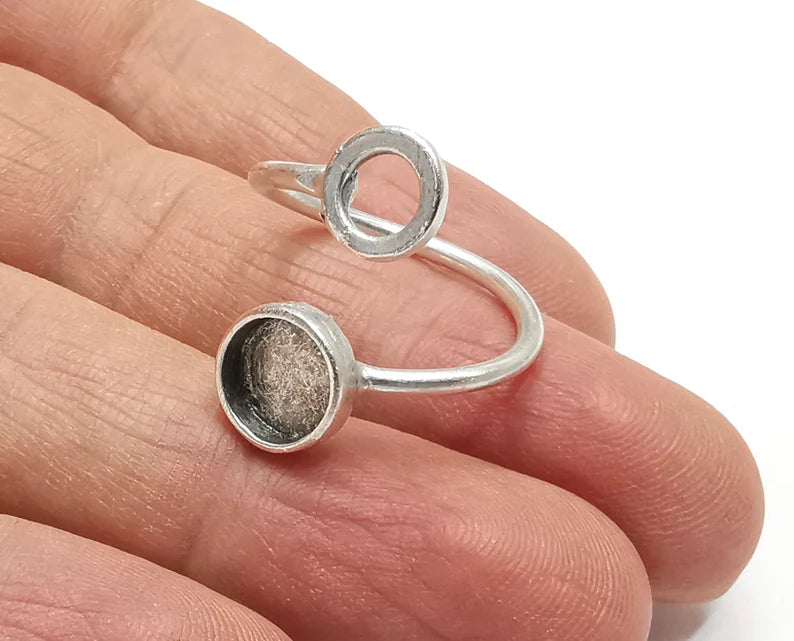 Wrap Round Blank Silver Ring Setting Cabochon Mounting Adjustable Ring Base Bezel Antique Silver Plated Brass (8mm blank) G27195