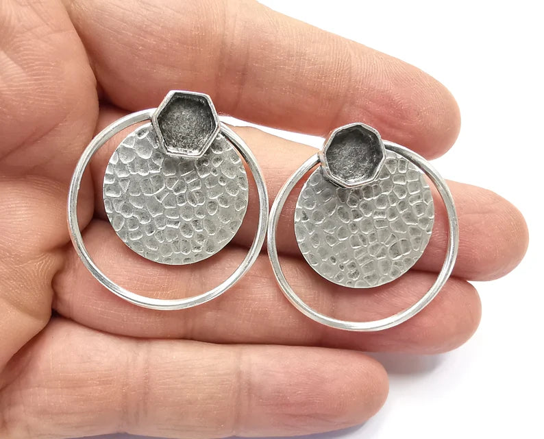 Hammered Disc Hexagonal Silver Earring Set Base Wire Antique Silver Plated Brass Earring Base (36x34mm) G27198