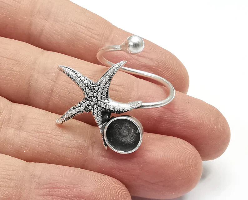 Starfish Blank Silver Ring Setting Cabochon Mounting Adjustable Ring Base Bezel Antique Silver Plated Brass (8mm blanks ) G27199