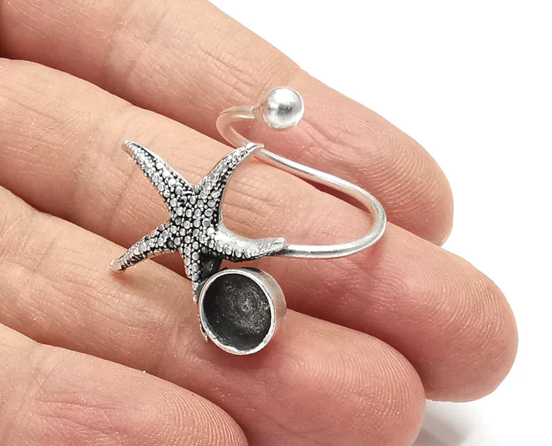 Starfish Blank Silver Ring Setting Cabochon Mounting Adjustable Ring Base Bezel Antique Silver Plated Brass (8mm blanks ) G27199