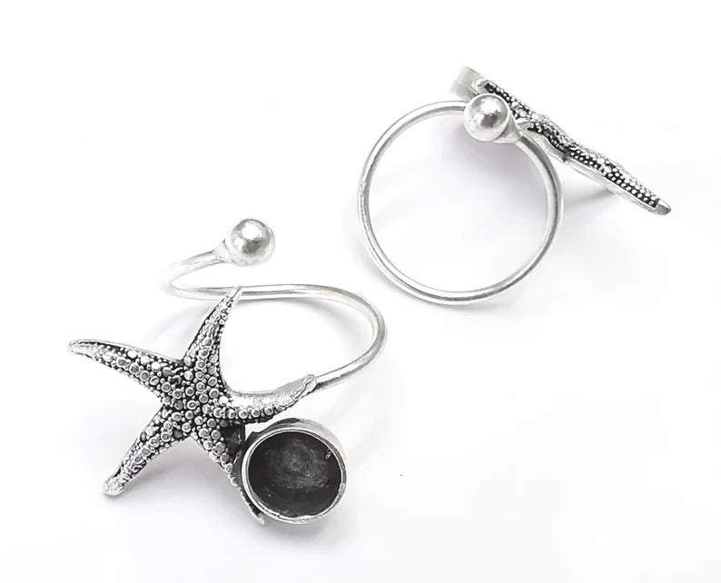 Starfish Blank Silver Ring Setting Cabochon Mounting Adjustable Ring Base Bezel Antique Silver Plated Brass (8mm blanks ) G27199