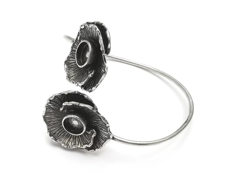 Flowers Wire Bracelet Cuff Blank Bezel Glass Cabochon Base Adjustable Antique Silver Plated Brass (8mm ) G27308