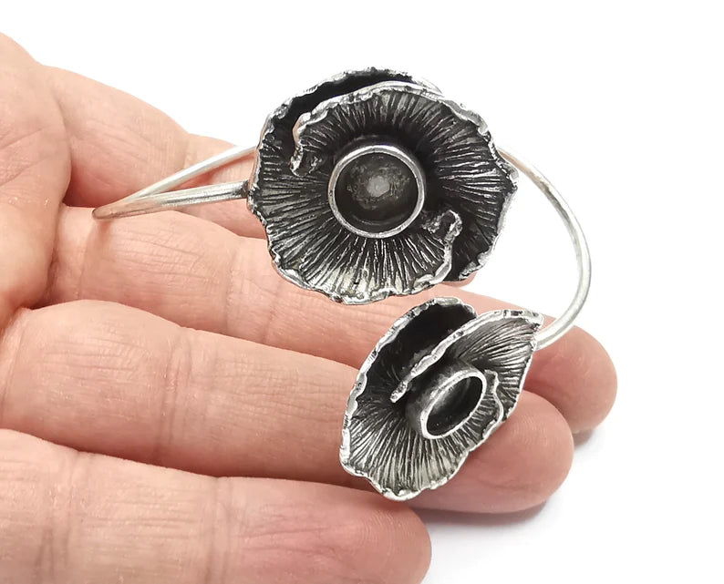 Flowers Wire Bracelet Cuff Blank Bezel Glass Cabochon Base Adjustable Antique Silver Plated Brass (8mm ) G27308