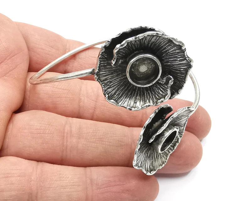 Flowers Wire Bracelet Cuff Blank Bezel Glass Cabochon Base Adjustable Antique Silver Plated Brass (8mm ) G27308