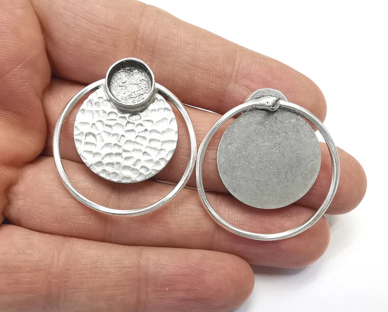 Hammered Disc Round Silver Earring Set Base Wire Antique Silver Plated Brass Earring Base (36x34mm) G27202