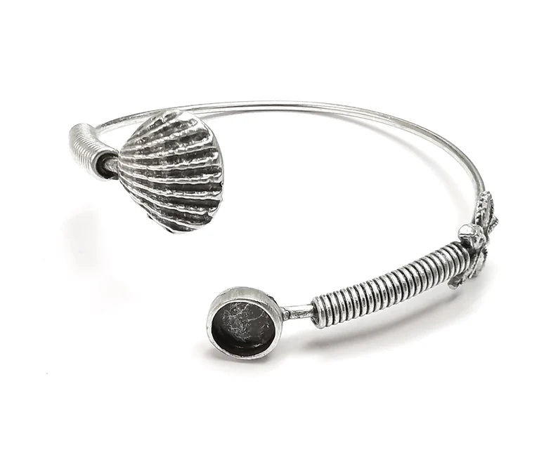 Scallop Starfish Coil Silver Bracelet Brass Cuff Blank Bezel Glass Cabochon Base Adjustable Antique Silver Brass (8 mm blank) G27311