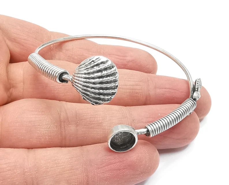 Scallop Starfish Coil Silver Bracelet Brass Cuff Blank Bezel Glass Cabochon Base Adjustable Antique Silver Brass (8 mm blank) G27311