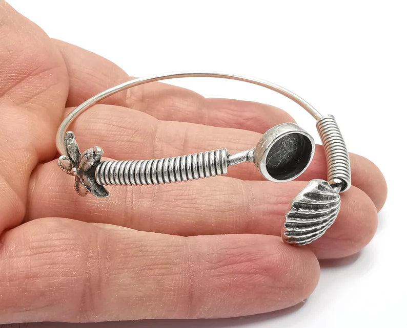 Scallop Starfish Coil Silver Bracelet Brass Cuff Blank Bezel Glass Cabochon Base Adjustable Antique Silver Brass (8 mm blank) G27311