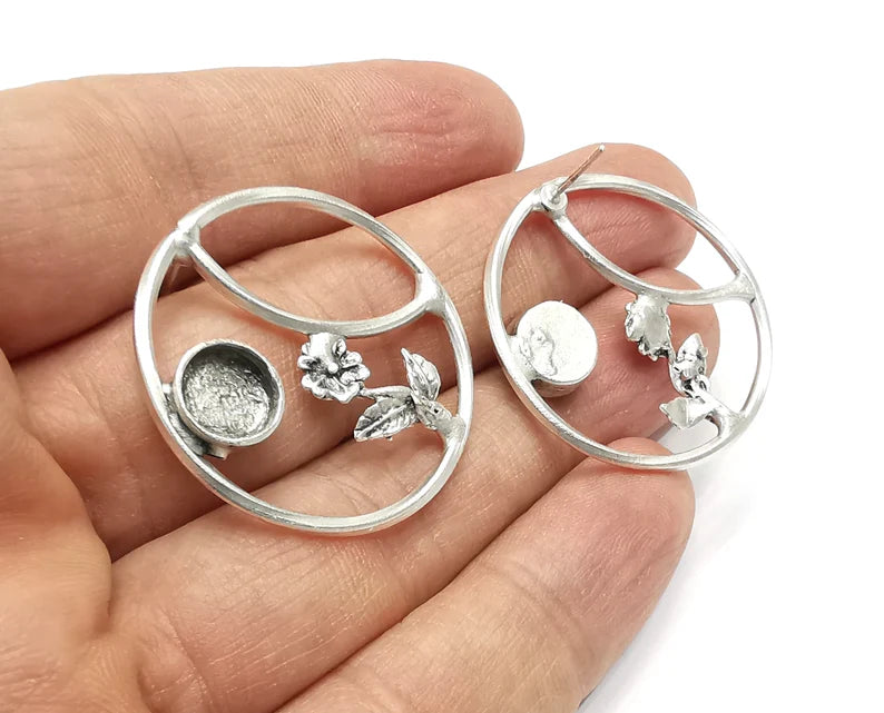 Flower Circle Hoop Earring Set Base Wire Antique Silver Plated Brass Earring Base (34mm) G27205
