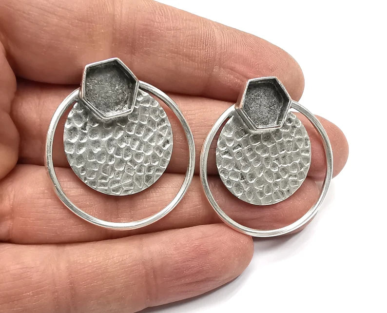 Hammered Disc Hexagonal Silver Earring Set Base Wire Antique Silver Plated Brass Earring Base (36x34mm) G27207