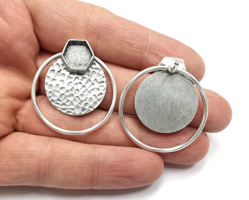 Hammered Disc Hexagonal Silver Earring Set Base Wire Antique Silver Plated Brass Earring Base (36x34mm) G27207