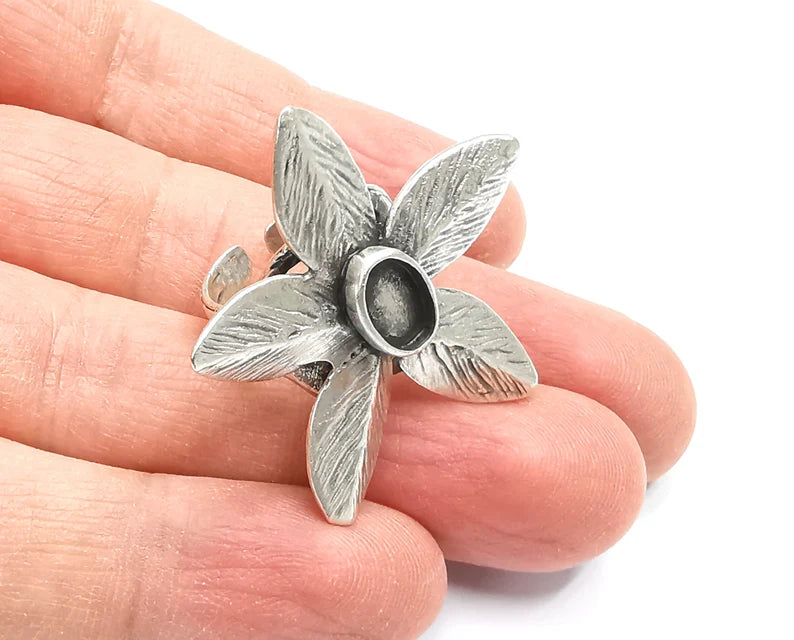 Leaf Silver Ring Setting Blank Cabochon Mounting Adjustable Ring Base Bezel Antique Silver Plated Brass (8x6 mm blank) G27318