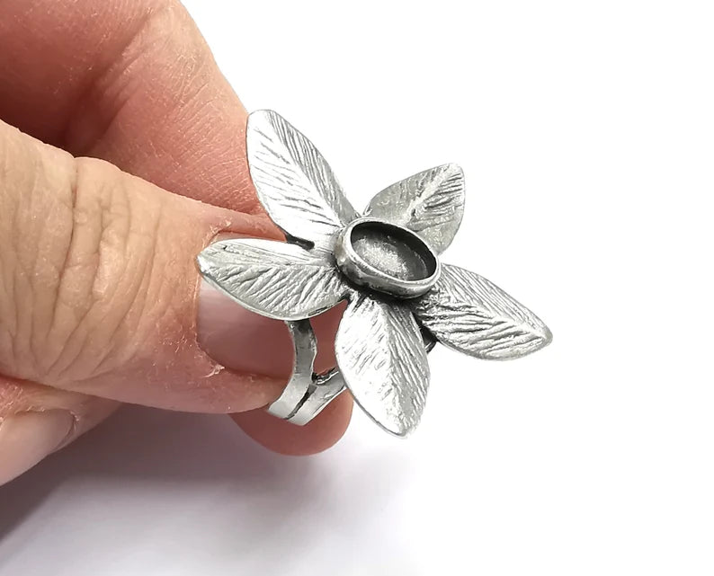 Leaf Silver Ring Setting Blank Cabochon Mounting Adjustable Ring Base Bezel Antique Silver Plated Brass (8x6 mm blank) G27318