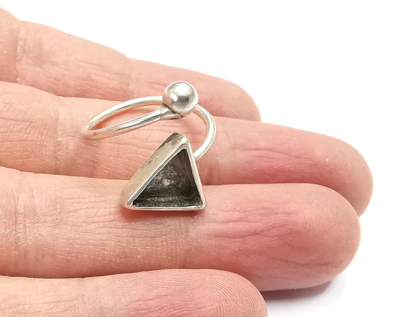 Silver Ball Head Triangle Ring Setting Cabochon Mounting Adjustable Ring Base Bezel Antique Silver Plated Brass ( 10mm Blank ) G27325