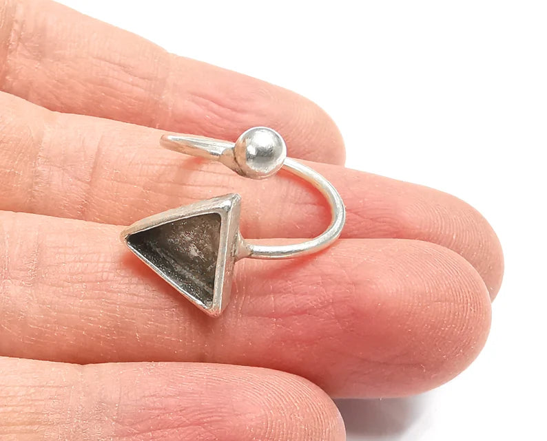 Silver Ball Head Triangle Ring Setting Cabochon Mounting Adjustable Ring Base Bezel Antique Silver Plated Brass ( 10mm Blank ) G27325