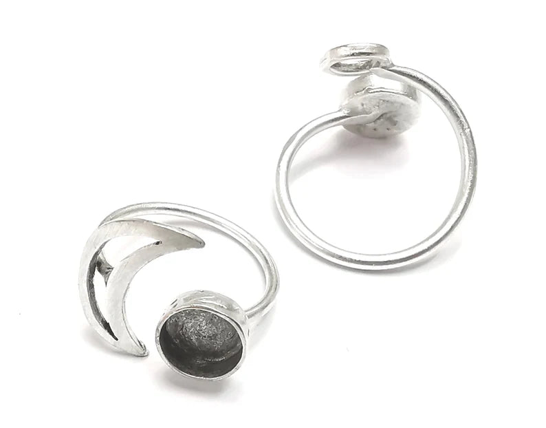 Crescent Moon Silver Ring Blank Base Bezel Settings Cabochon Base Mountings Adjustable, Antique Silver Plated Brass (8mm Blank) G27322