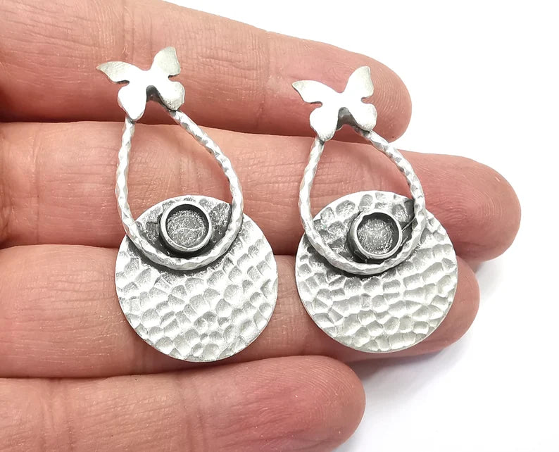Butterfly Hammered Disc Silver Earring Set Base Wire Antique Silver Plated Brass Earring Base (45x24mm)( 6 mm blanks) G27327