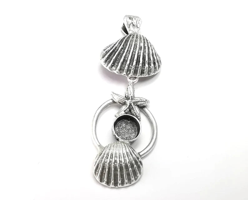 Starfish Scallop Sea Shell Dangle Pendant Base Setting Bezel Blank Antique Silver Plated Brass Pendant (65x22mm)(8mm blank) G27328