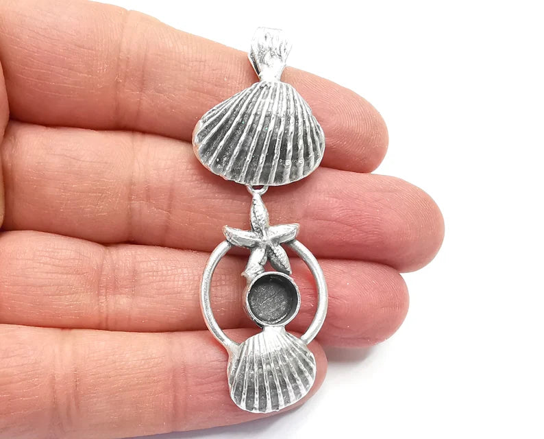 Starfish Scallop Sea Shell Dangle Pendant Base Setting Bezel Blank Antique Silver Plated Brass Pendant (65x22mm)(8mm blank) G27328