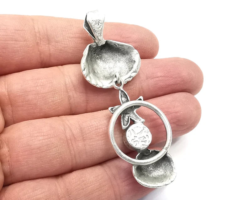 Starfish Scallop Sea Shell Dangle Pendant Base Setting Bezel Blank Antique Silver Plated Brass Pendant (65x22mm)(8mm blank) G27328