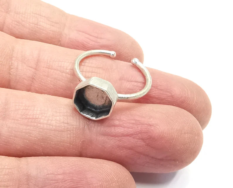 Octagon Ring Bases, Ring Blanks, Ring Bezel Setting, Ring Frame, Cabochon Mountings Adjustable Antique Silver Plated Brass (8mm) G27331