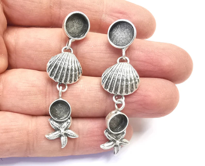 Starfish Scallop Sea Shell Silver Earring Set Base Wire Antique Silver Plated Brass Earring Base (58x15mm)( 10 and 8mm blanks) G27332