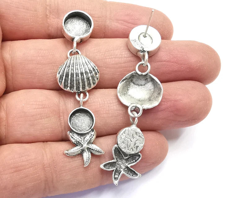 Starfish Scallop Sea Shell Silver Earring Set Base Wire Antique Silver Plated Brass Earring Base (58x15mm)( 10 and 8mm blanks) G27332