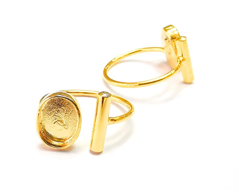 Rod Oval Shiny Gold Ring Bezels Settings Resin Backs Cabochon Mounting Gold Plated Brass Adjustable Ring Base (11x8mm blank) G27333