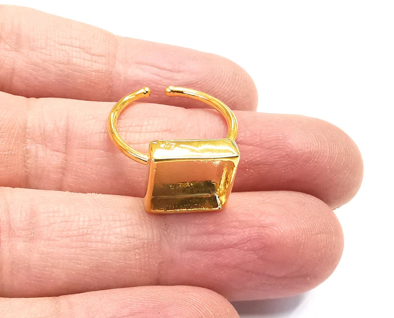 Shiny Gold Square Ring Bezels Ring Settings Resin Ring Backs Cabochon Mounting Gold Plated Brass Adjustable Ring Base (10mm blank) G27334