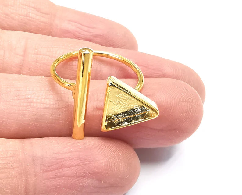 Rod Triangle Shiny Gold Ring Bezels Settings Resin Backs Cabochon Mounting Gold Plated Brass Adjustable Ring Base (10mm blank) G27335
