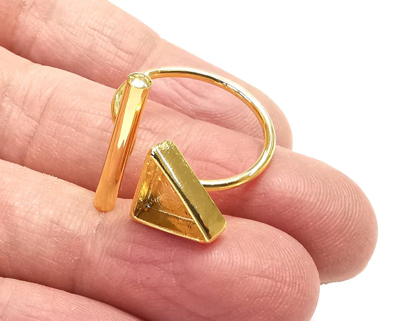 Rod Triangle Shiny Gold Ring Bezels Settings Resin Backs Cabochon Mounting Gold Plated Brass Adjustable Ring Base (10mm blank) G27335