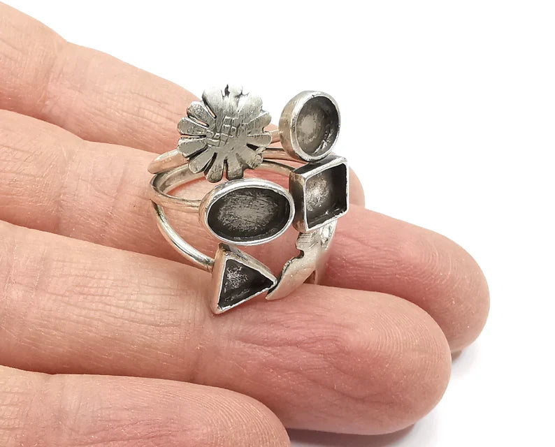 Flower Butterfly Silver Ring Blank Base Bezel Settings Cabochon Mountings Adjustable , Antique Silver Brass (8x6mm and 6 blanks) G27211