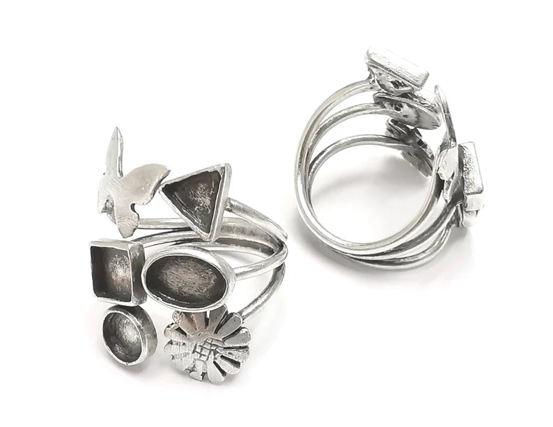 Flower Butterfly Silver Ring Blank Base Bezel Settings Cabochon Mountings Adjustable , Antique Silver Brass (8x6mm and 6 blanks) G27211
