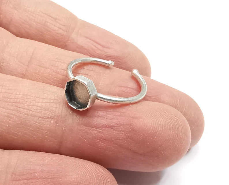 Octagon Ring Bases, Ring Blanks, Ring Bezel Setting, Ring Frame, Cabochon Mountings Adjustable Antique Silver Plated Brass (6mm) G27213