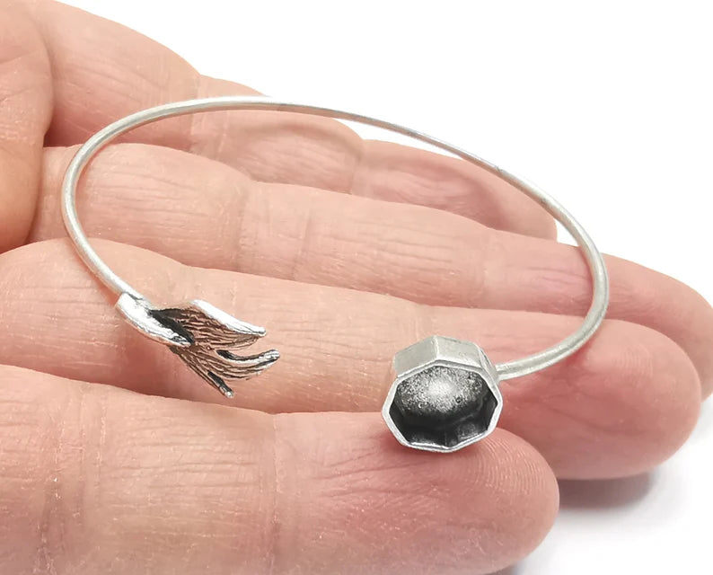 Leaf Bracelet Cuff Blank Bezel Glass Cabochon Base Adjustable Antique Silver Plated Brass (8mm) G27215