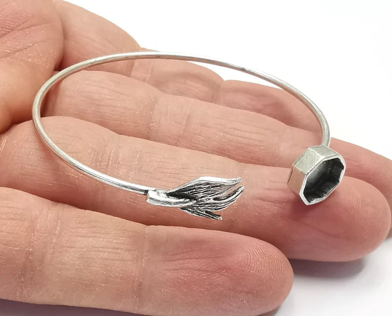 Leaf Bracelet Cuff Blank Bezel Glass Cabochon Base Adjustable Antique Silver Plated Brass (8mm) G27215