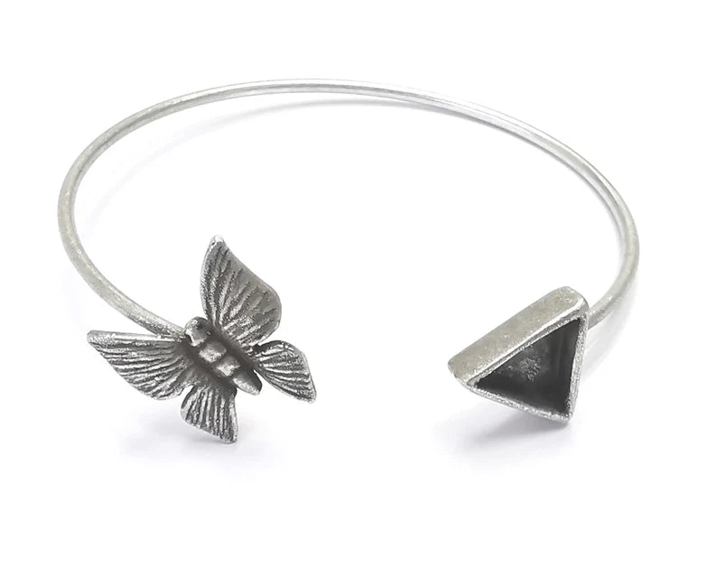 Silver Butterfly Triangle Bracelet Blanks Resin Cuff Dry Bezel Cabochon Base Adjustable Antique Silver Plated Brass (10mm Blank) G27216