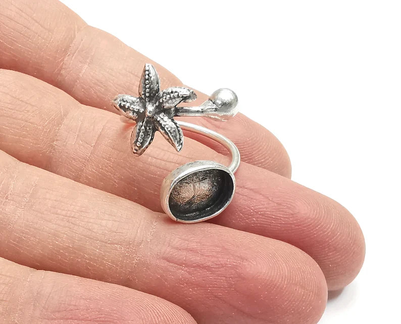 Starfish Oval Blank Ball Head Silver Ring Setting Cabochon Mounting Adjustable Ring Base Bezel Antique Silver Plated Brass (11x8mm) G27217