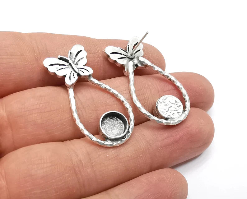 Butterfly Drop Earring Blank Base Settings Silver Resin Cabochon Inlay Blank Mountings Antique Silver Plated Brass (8mm blank) 1 Set G27340