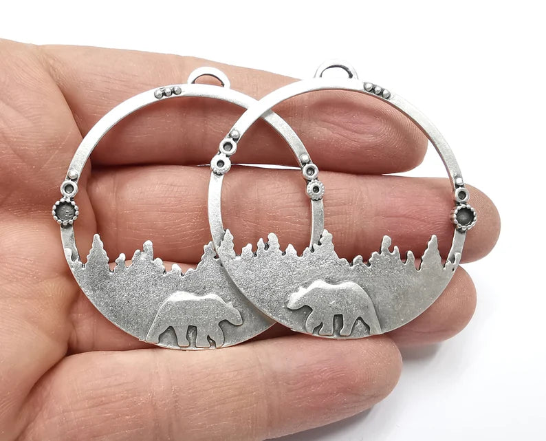 2 Bear Charms Pendant Forest Pine Tree Landscape Charms Antique Silver Plated Charms (left - right set) (53x50mm) G27342