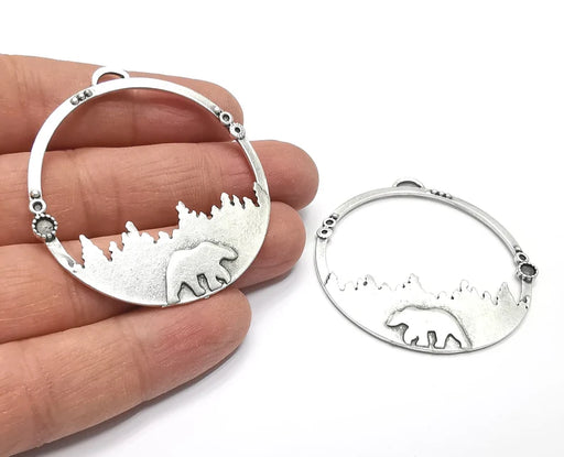 2 Bear Charms Pendant Forest Pine Tree Landscape Charms Antique Silver Plated Charms (left - right set) (53x50mm) G27342