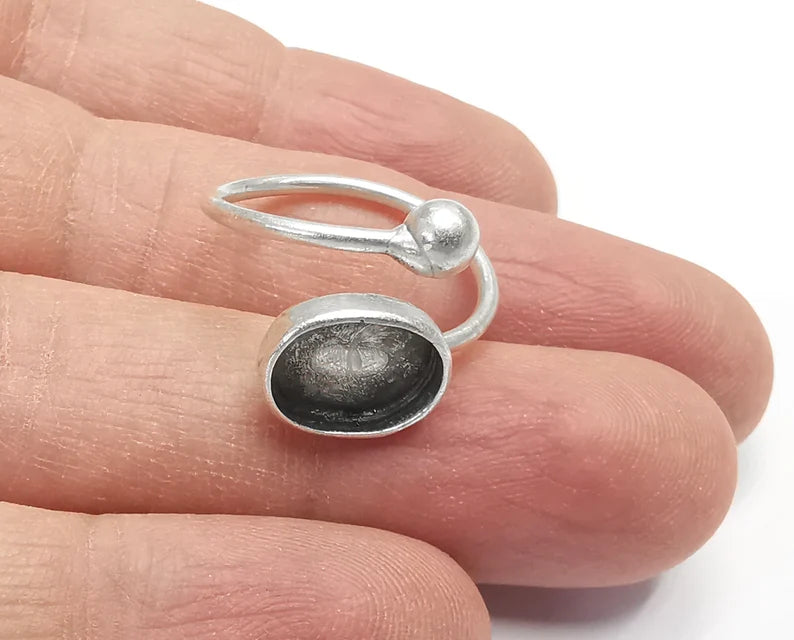 Ring Blanks Silver Ball Head Oval Ring Setting Cabochon Mounting Adjustable Ring Base Bezel Antique Silver Plated Brass(11x8mm Blank)G26955