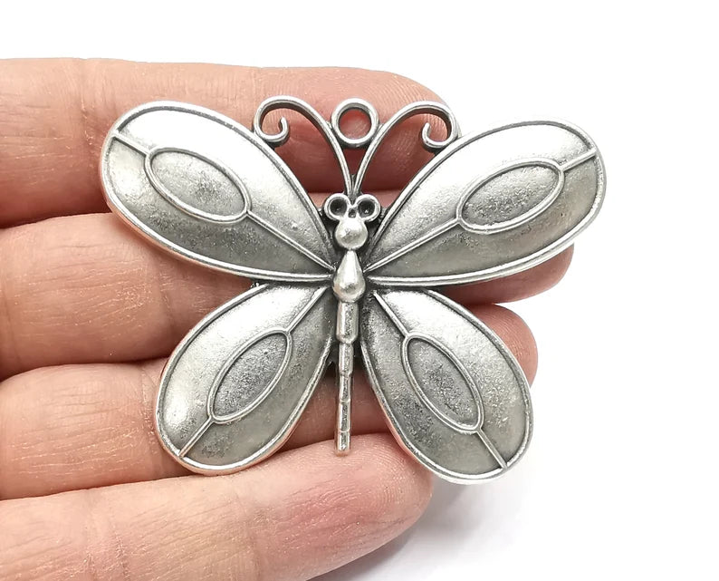 Butterfly Pendant Blank Bezel Mosaic Mountings Cabochon Setting Antique Silver Plated (67x50mm)(13x6mm Blank) G27348