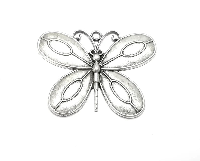 Butterfly Pendant Blank Bezel Mosaic Mountings Cabochon Setting Antique Silver Plated (67x50mm)(13x6mm Blank) G27348