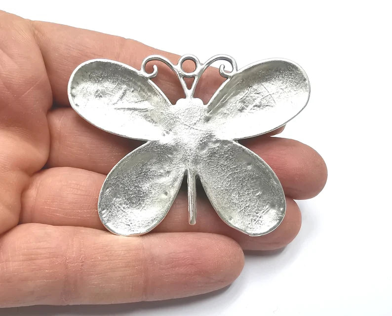 Butterfly Pendant Blank Bezel Mosaic Mountings Cabochon Setting Antique Silver Plated (67x50mm)(13x6mm Blank) G27348