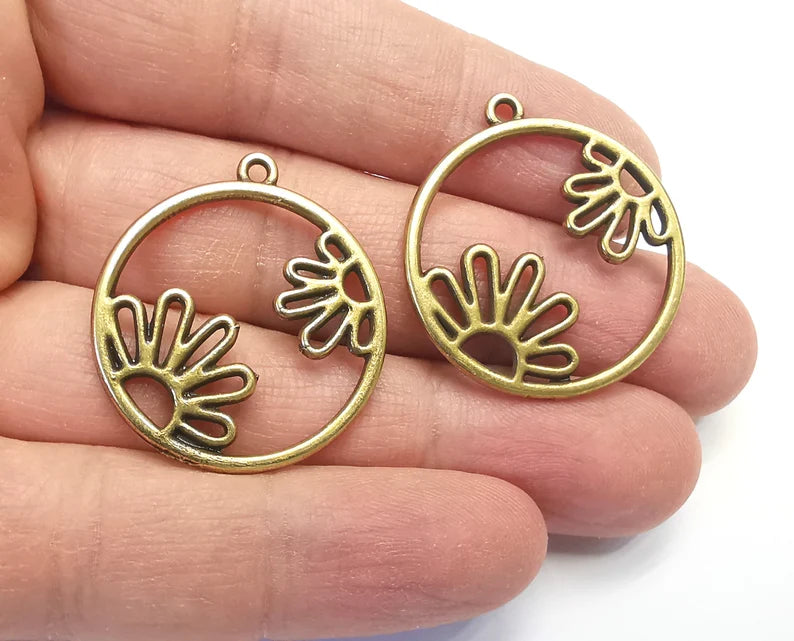 2 Flower Charms Antique Bronze Plated Charms (30mm) G27237