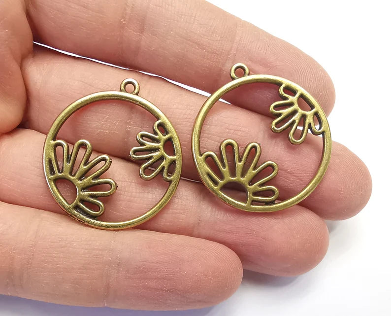 2 Flower Charms Antique Bronze Plated Charms (30mm) G27237