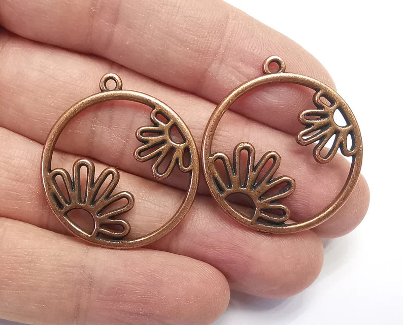 2 Flower Charms Antique Copper Plated Charms (30mm) G27241