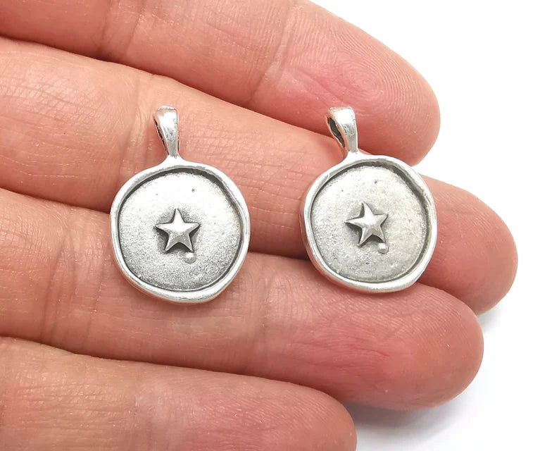 2 Star Round Charms Antique Silver Plated Charm (24x17mm) G27356