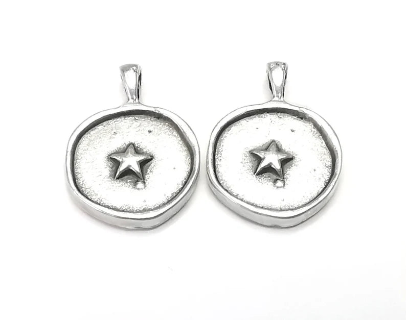 2 Star Round Charms Antique Silver Plated Charm (24x17mm) G27356